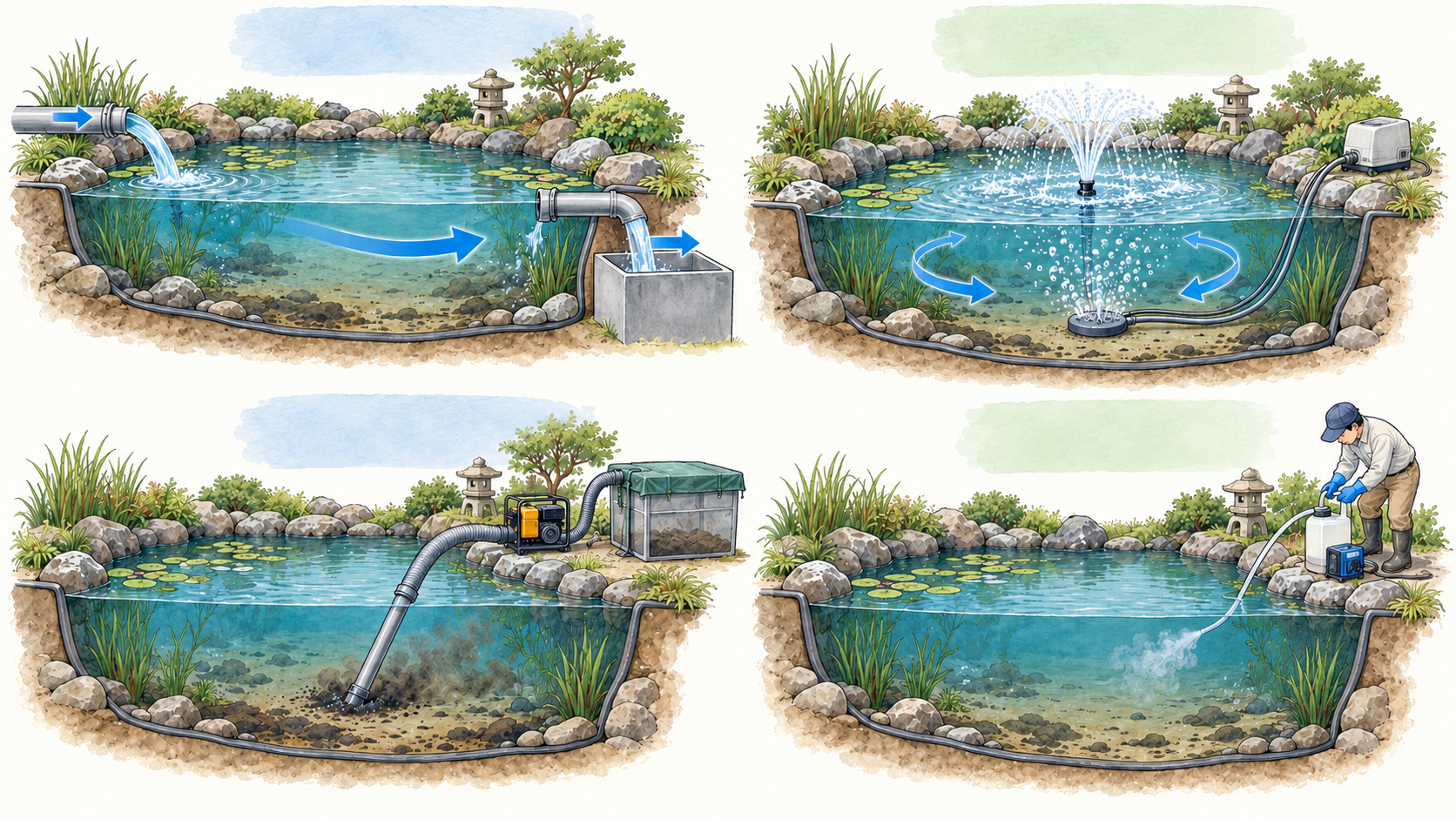 同じ池を4つの対策で描いたイラスト。換水は給水と排水、曝気・噴水・循環は気泡と水流、浚渫は底泥の吸引回収、薬品投入は薬液の注入を示す。